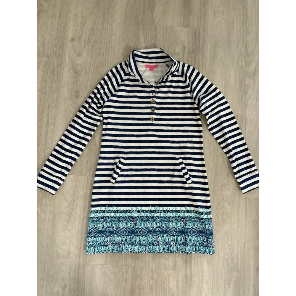 Lilly Pulitzer Women Dress Striped French Terry Navy White Blue Border Print M